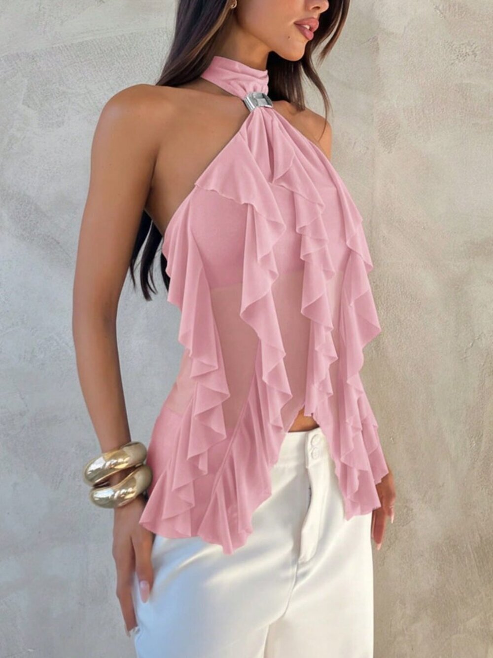 Pink Casual Women's Elegant Multi-Layer Ruffle Trim Stand Collar Fitted Top